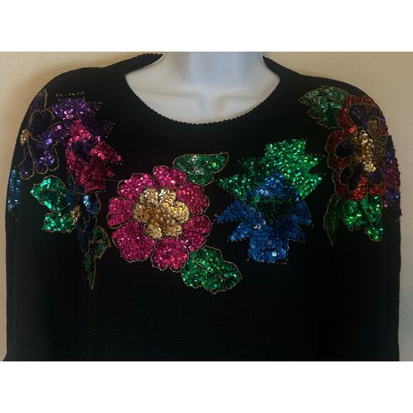 Vintage B.I.B S.M.L Sport Black Sweater Embroidered-Beaded Floral Design - Picture 7 of 14
